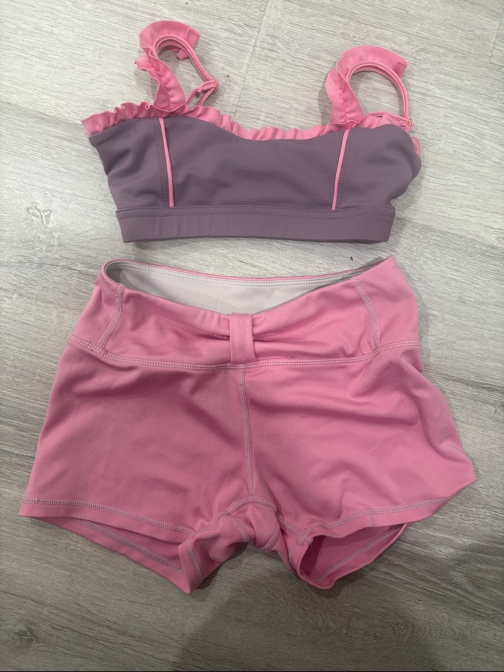 Ruffled Two-Piece Pink & Mauve Dance Crop Top and Shorts Set